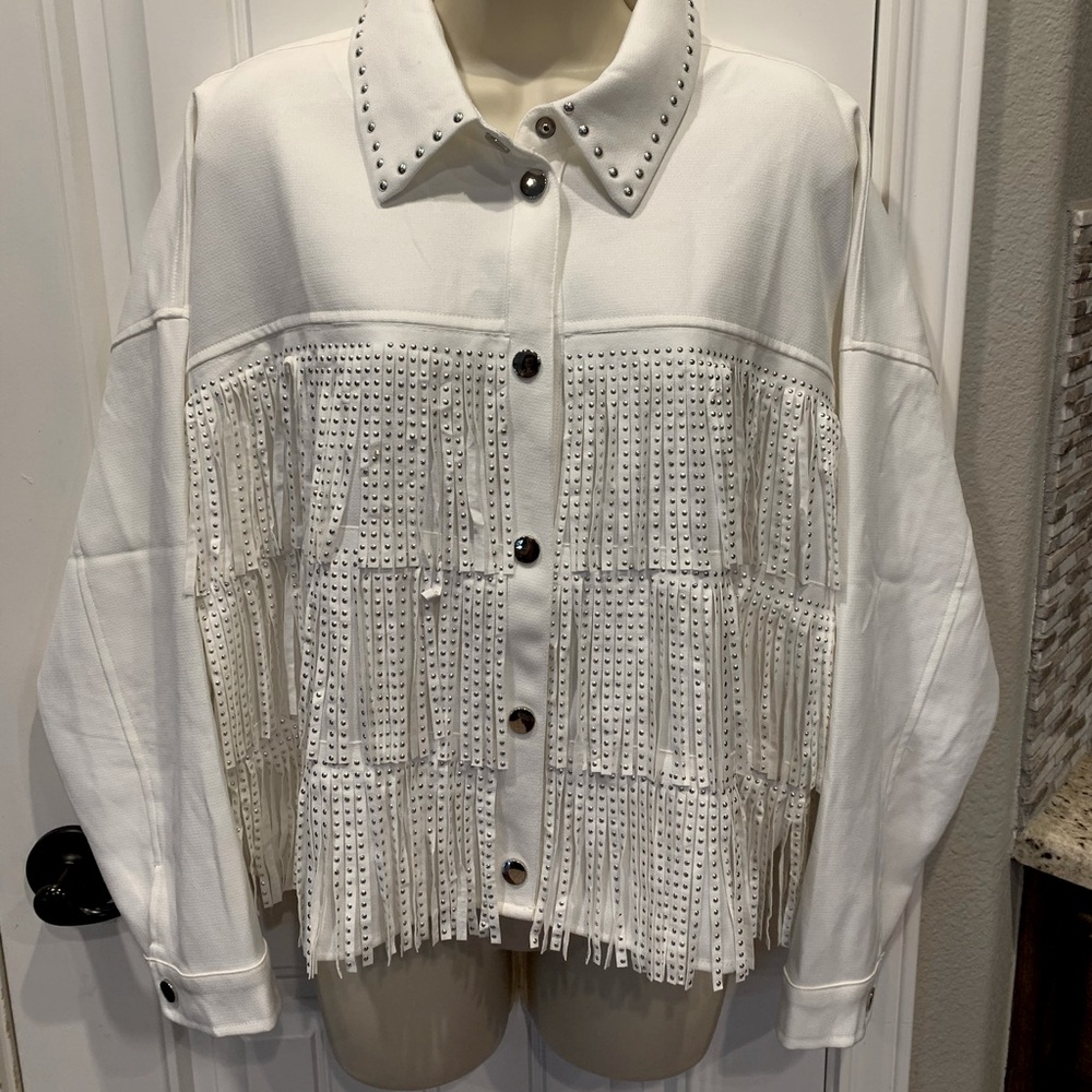 New White Fringe Studded Jacket